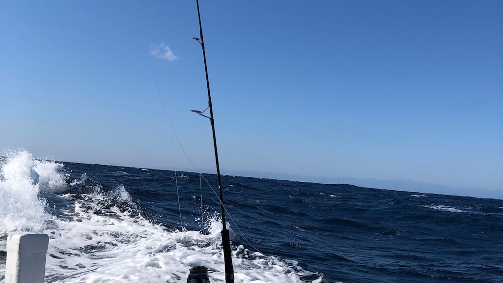 船上の釣り竿とリール、沖の海